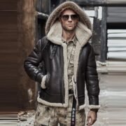 Men’s Brown Hooded B3 RAF Shearling Leather Jacket