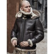 Men’s Brown Hooded B3 RAF Shearling Leather Jacket - Image 2